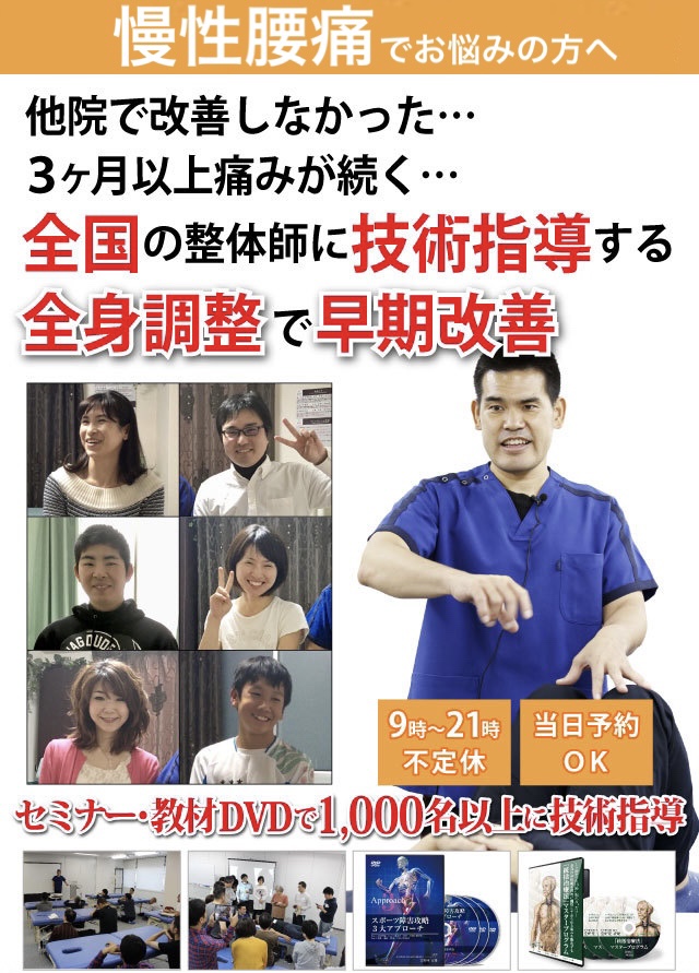 整形外科医推薦　ぎっくり腰の再発が怖い　腰が痛くてスポーツが出来ない　他院に通っても慢性腰痛が改善しない　スポーツ選手の腰痛を救った施術　腰だけの施術では改善しない　なぜ、全身調整が効果的なのか
